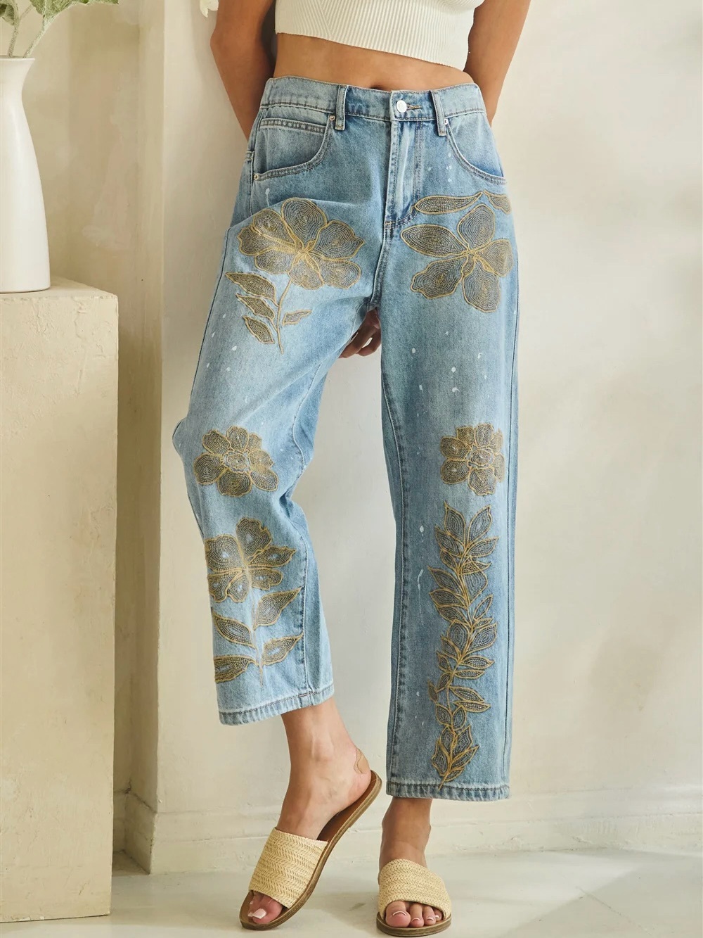 Oli & Hali Floral Embroidered Jeans | High Waist Ankle Crop Statement Denim - Picture 8 of 8